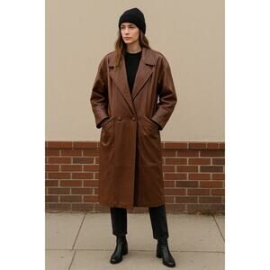 Vintage 90s Express S Slouchy Oversized Leather Trench Coat Long Jacket Brown